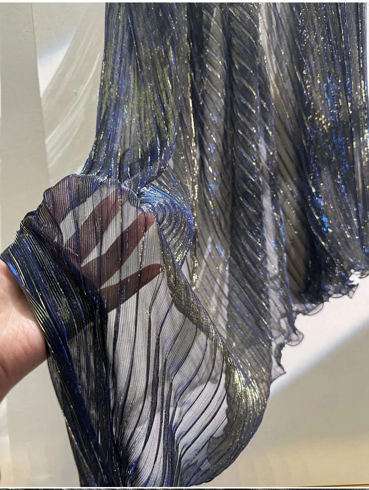 Blue Gold Glitter Pleated Organza Mesh Fabric, 59"W, Shiny Sheer