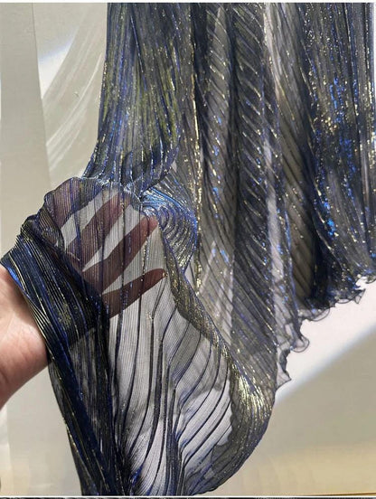 Blue Gold Glitter Pleated Organza Mesh Fabric, 59"W, Shiny Sheer
