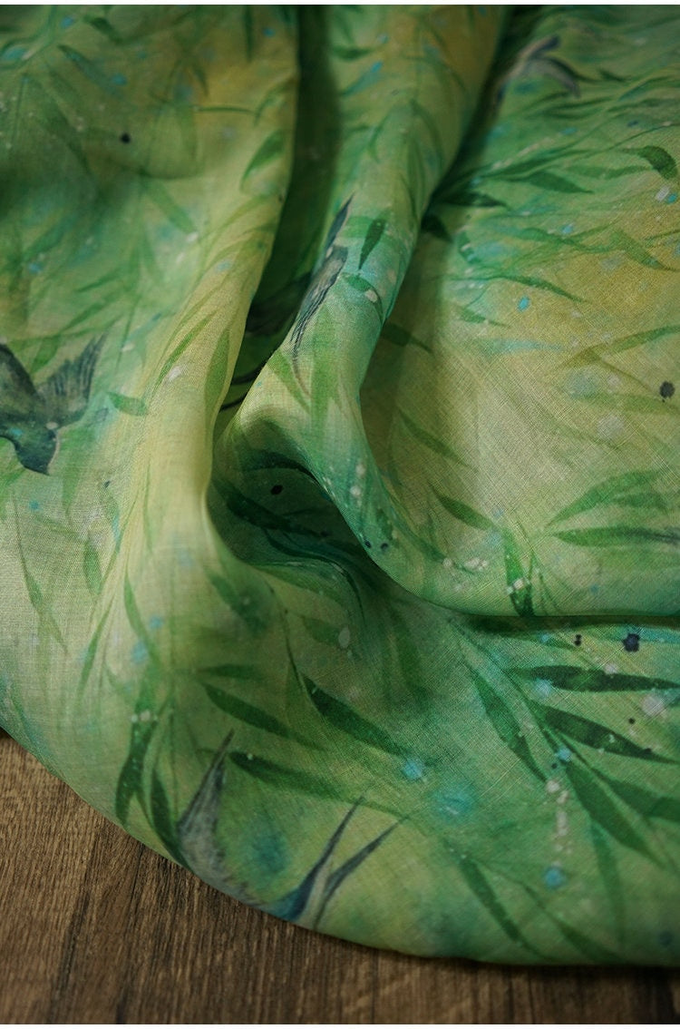 Floral Ramie Fabric: Kingfisher Green, Lightweight Sewing Material, 55" Wide