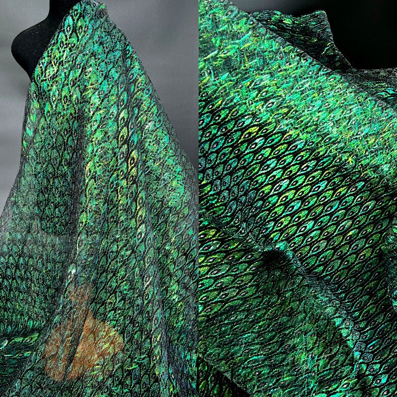 Laser Peacock Feather Mesh Fabric, Colorful See Through Lace