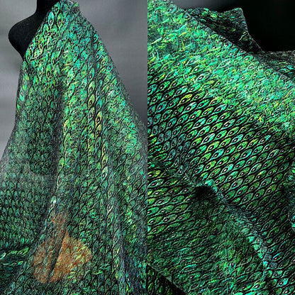 Laser Peacock Feather Mesh Fabric, Colorful See Through Lace