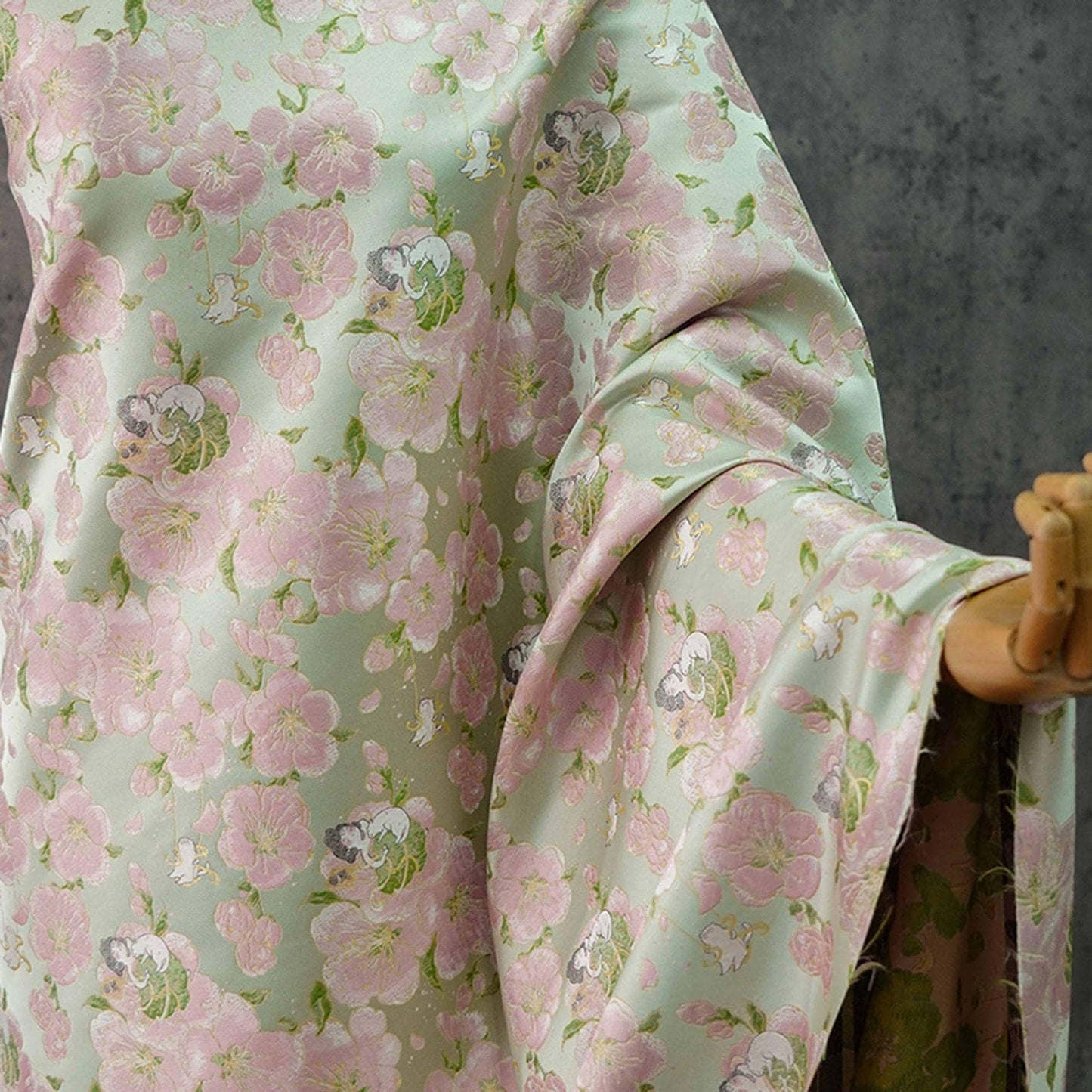 Peach Blossom Brocade Fabric: Floral Jacquard, 58"W Chinese Wedding Material
