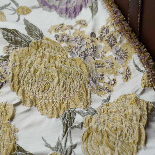 3D Embossed Purple & Yellow Peony Jacquard Fabric, Floral Brocade Textile