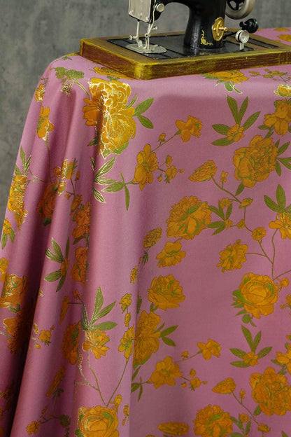 Gold Thread Purple Jacquard Fabric: Peony Pattern, 59" Wide