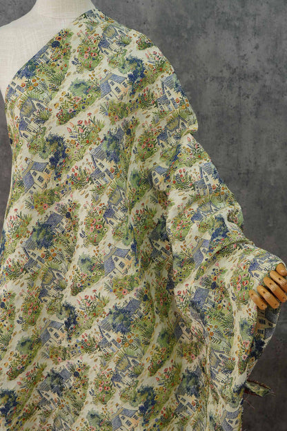 Pastoral Oil Painting Style Jacquard Fabric, Countryside Houses & Floral Weave, 56"Wide