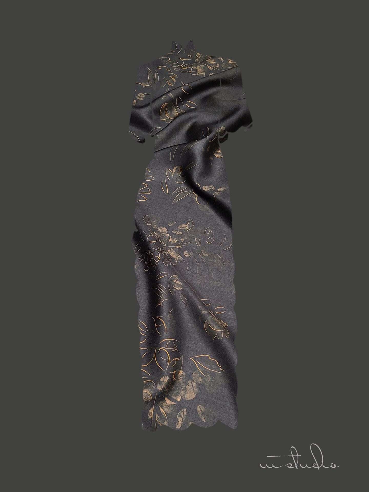 Chinese Ink Painting Cotton Fabric: Floral Drapery, Costume Sewing (55"W)