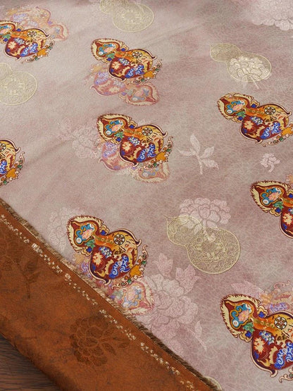 Tissu satiné en soie couleur thé : imprimé de courges rose pâle grisâtre, 147 cm de large