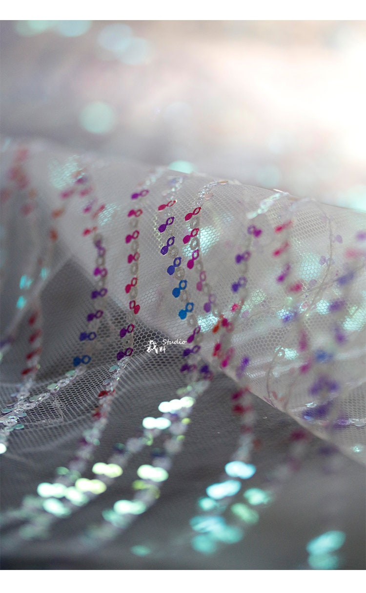 Mermaid Wave Mesh Fabric, Sequin Fish Scale Embroidery, 59" Wide