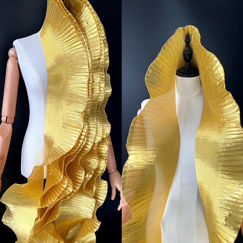 Metallic Gold Organza Lace: 3D Ruffle Designer Fabric, 15cm Wide