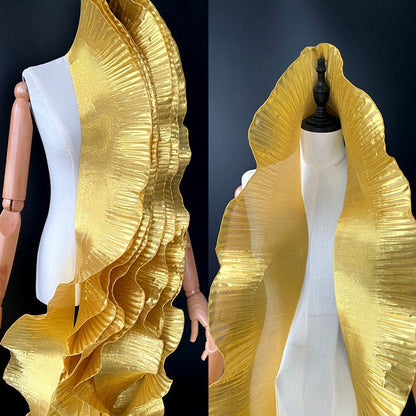 Metallic Gold Organza Lace: 3D Ruffle Designer Fabric, 15cm Wide