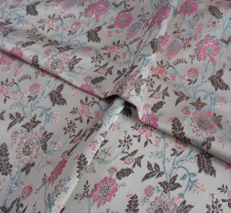 Pink & Blue Celosia Flower Gold Jacquard Fabric: 57" Wide - Poppylollipop