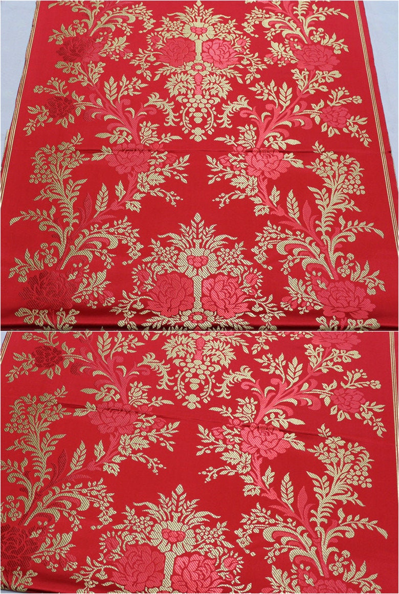 Red and Gold Peony Silk Brocade Fabric: 29.5"W Wedding Upholstery