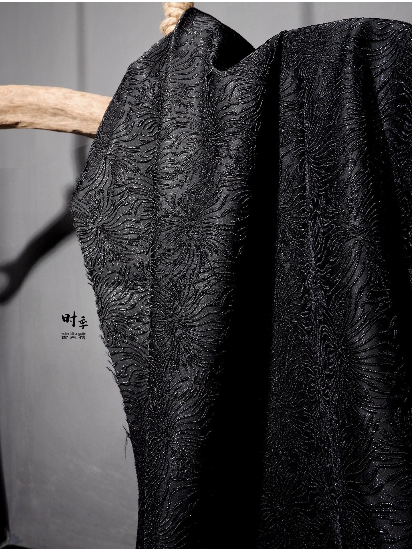 Black Spider Lily Jacquard Fabric | Embossed 3D Floral Brocade, 52" Wide