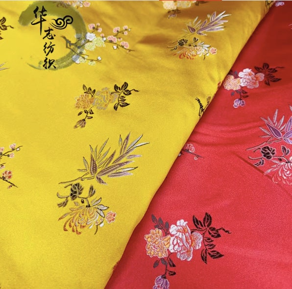 Red & Gold Cherry Blossom Brocade Fabric - 59"W Rayon Jacquard