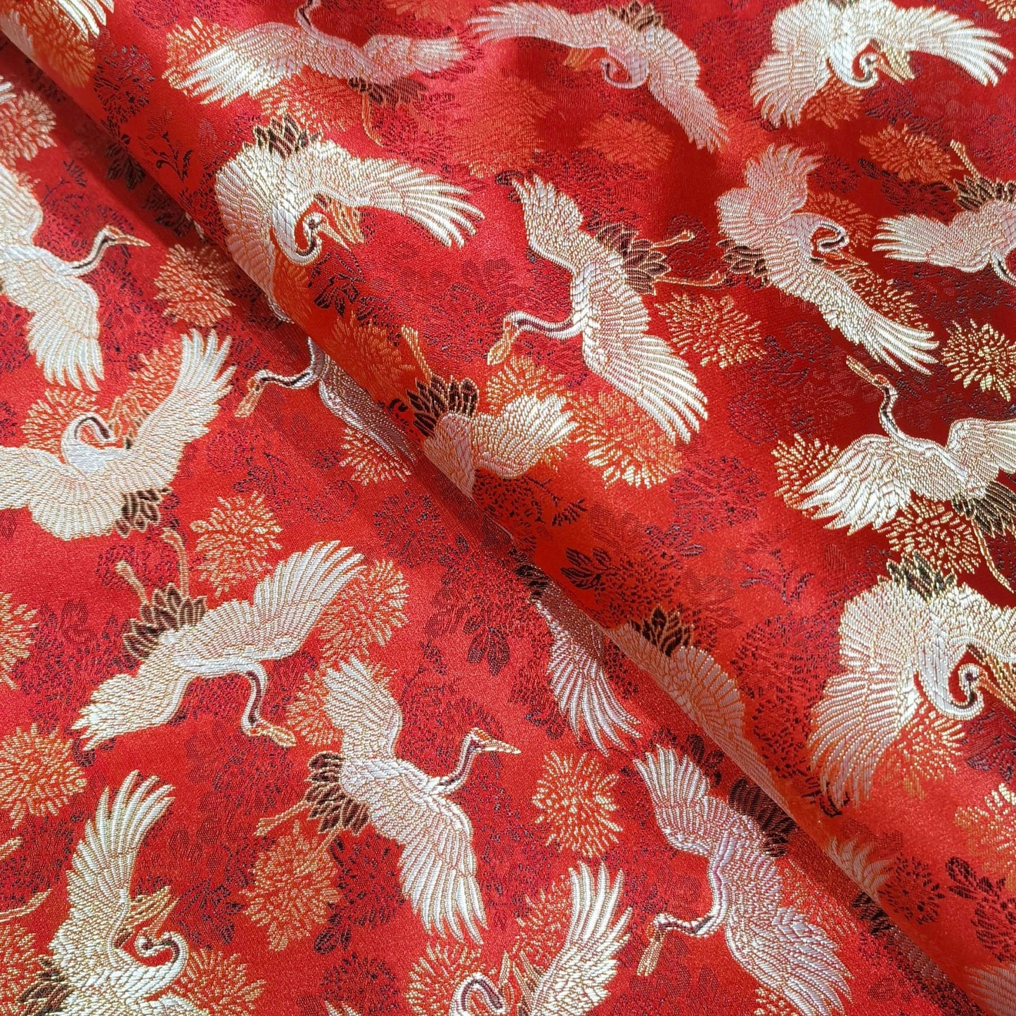 Red Crane Jacquard Satin Fabric: Antique Cheongsam Sewing Fabric