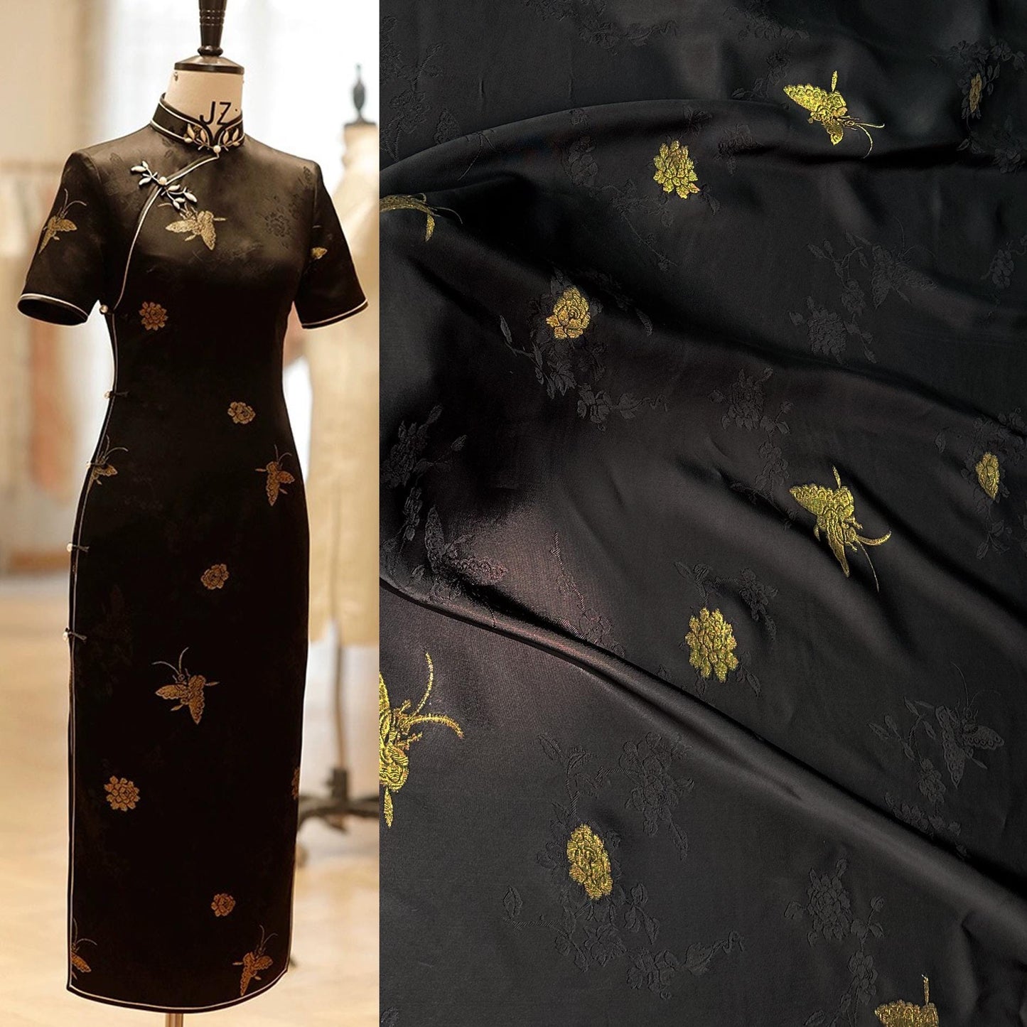 Gold Butterfly Jacquard Damask Fabric: 100% Rayon, 59" Wide