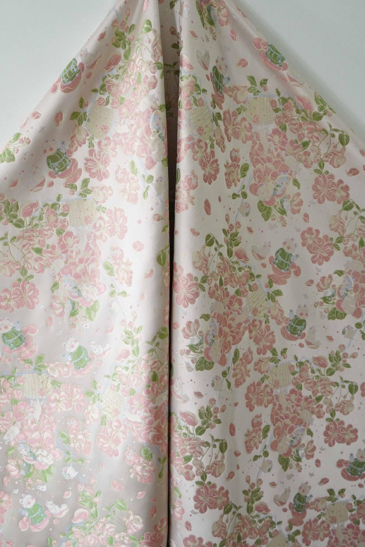 Peach Blossom Gold Thread Brocade Fabric | Luxury Floral Fabric, 65"W