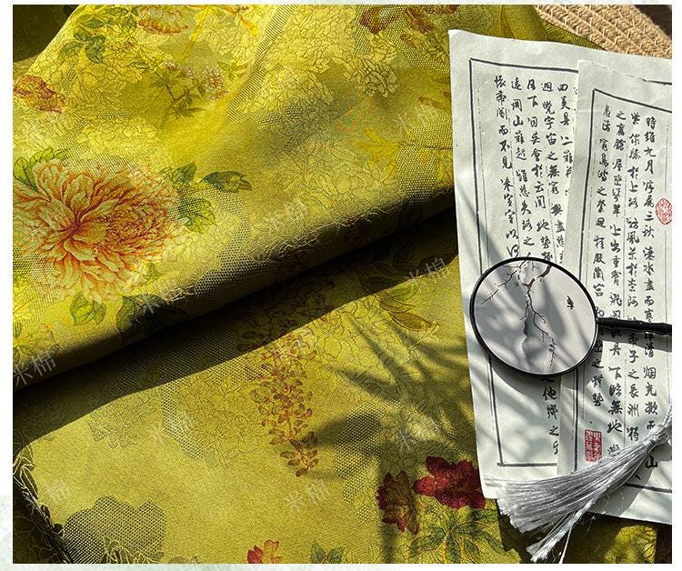 100% Rayon green Jacquard Xiangyun Brocade Fabric: 59"W Upholstery & Costume