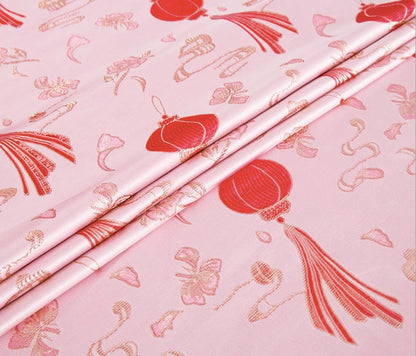 Pink Chinese Lantern Silk Brocade Fabric: Festival Upholstery, Quilting (57" W)