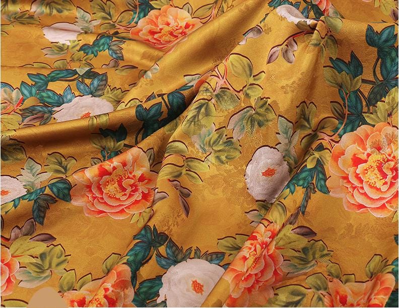 Tissu satin de soie Peony Tea : Rideau imprimé numérique de 150 cm de large