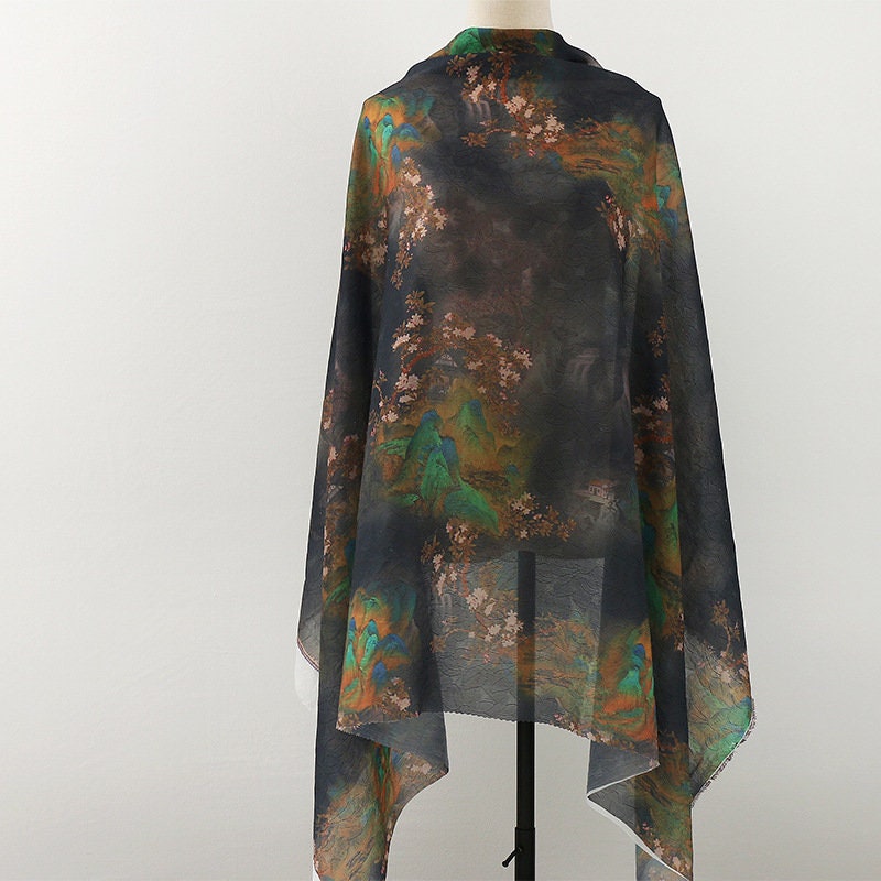 Tissu Tencel Ramie : Motif peinture de montagne, matériau pour la confection de robes
