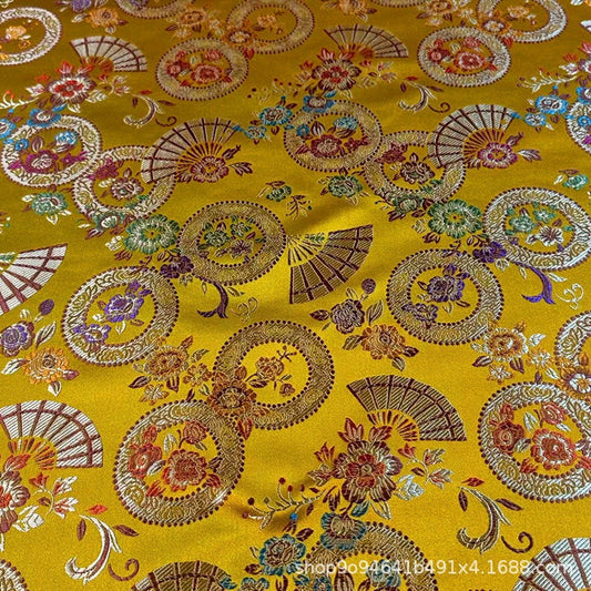Gold Nishijin Brocade Fabric: Japanese Snow Wheel Fan & Cherry Blossom Silk (59"W)