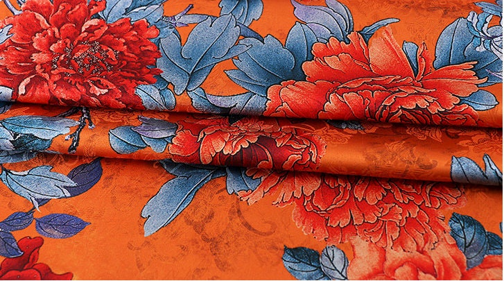 Blooming Tea Satin Silk Fabric: 59"W Floral Print Sewing Material