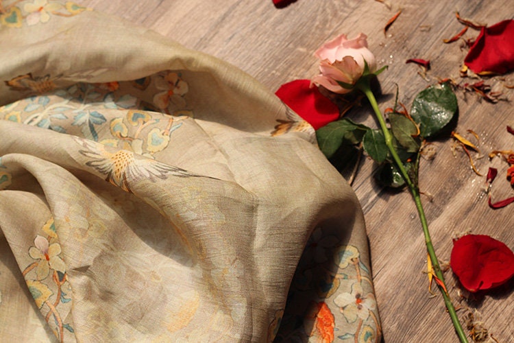 Floral Bird Ramie Fabric: 55" Wide, Soft Breathable Textile