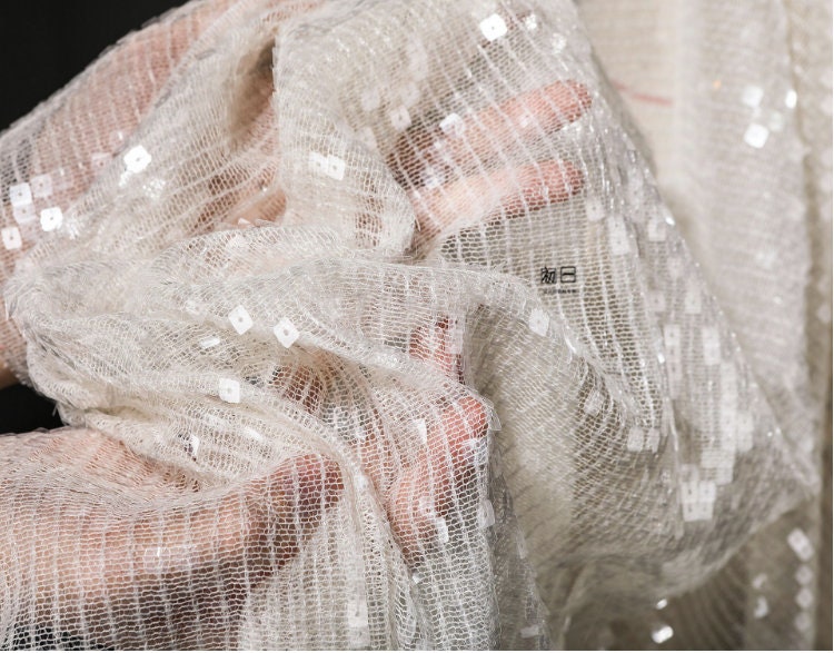 Champagne Sequin Embroidered Mesh Fabric, 47"W Scale Design