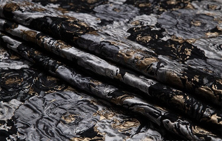 Rose Jacquard Fabric with Gold Thread: 3D Designer Material, 57"W