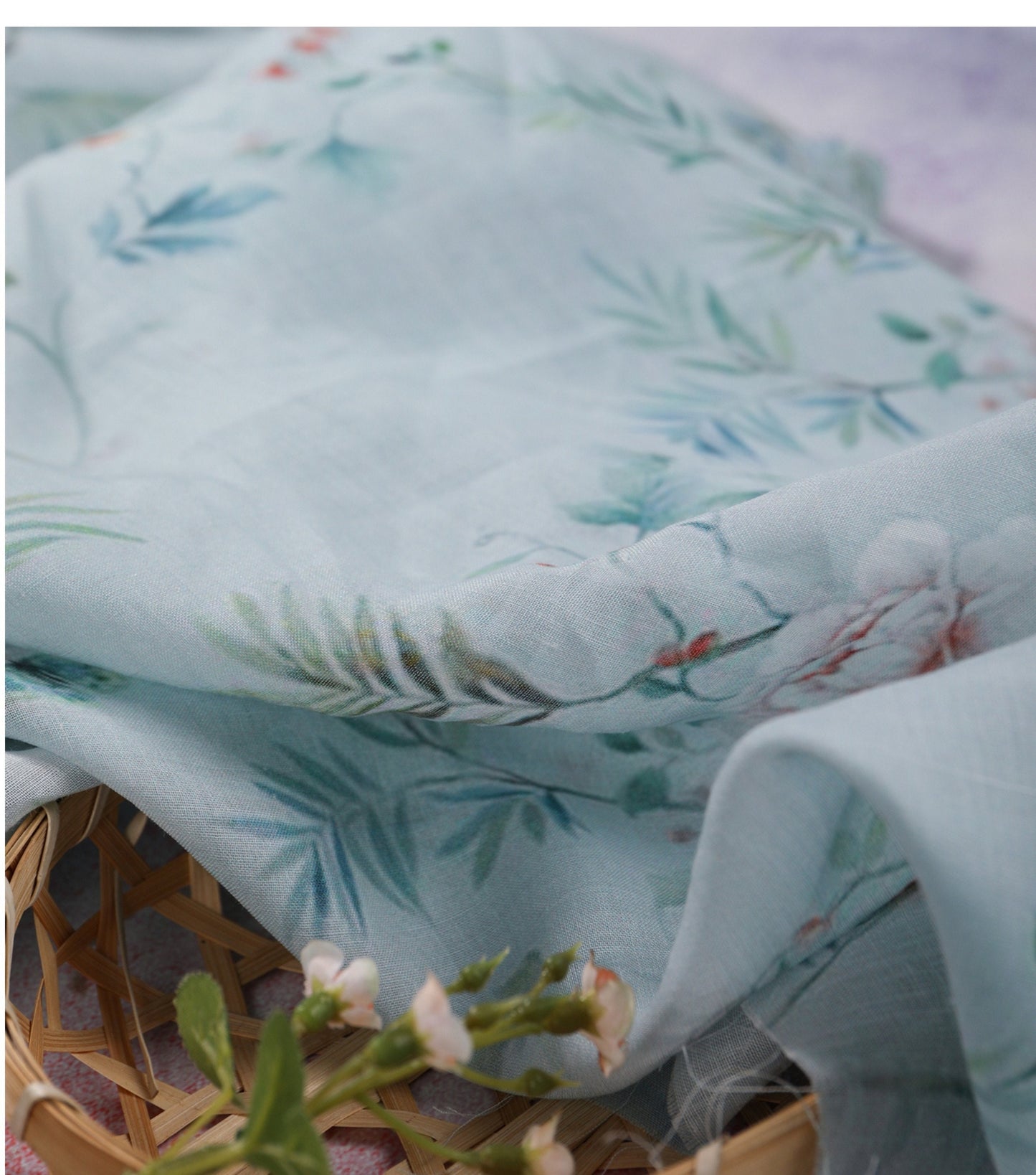 Floral Ramie Fabric: Light Blue Ink Print, 55" Wide, Natural Fiber