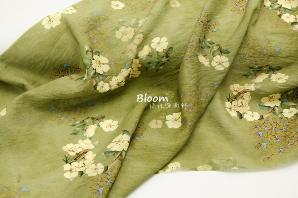 Floral Autumn Green Hemp Tencel Linen Fabric: Sewing & Crafts