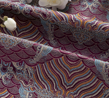 Tissu brocart jacquard à motif vagues océaniques : mélange de rayonne et de soie de 150 cm de large
