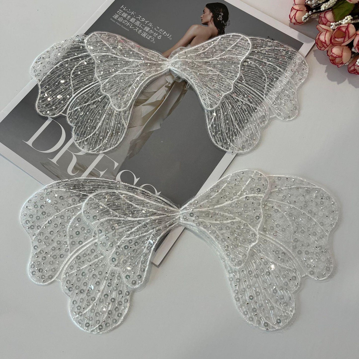 Butterfly Embroidered Lace Trim: Light Ivory Sequins, Bridal Wedding Veil (By Pair)