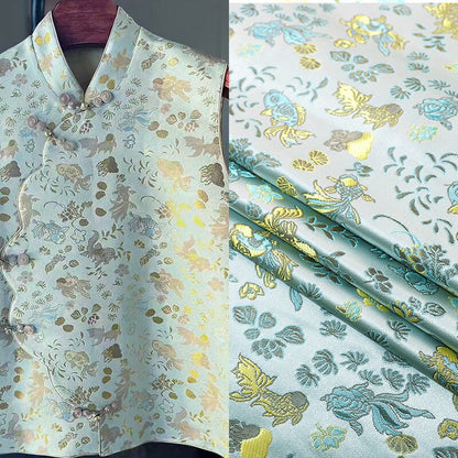 Aqua Blue Goldfish Brocade Fabric: 59"W Rayon Blend