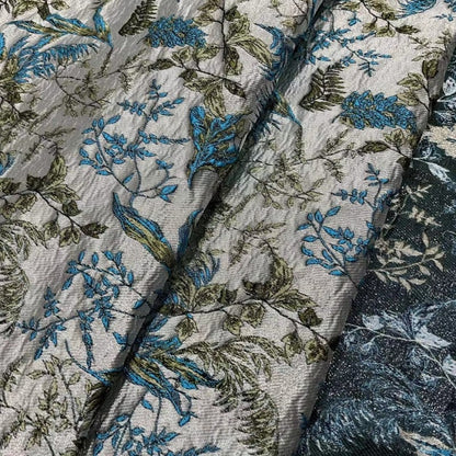 Tissu jacquard à motif de feuilles bleu paon : tissu d’ameublement et de costumes, 145 cm de large