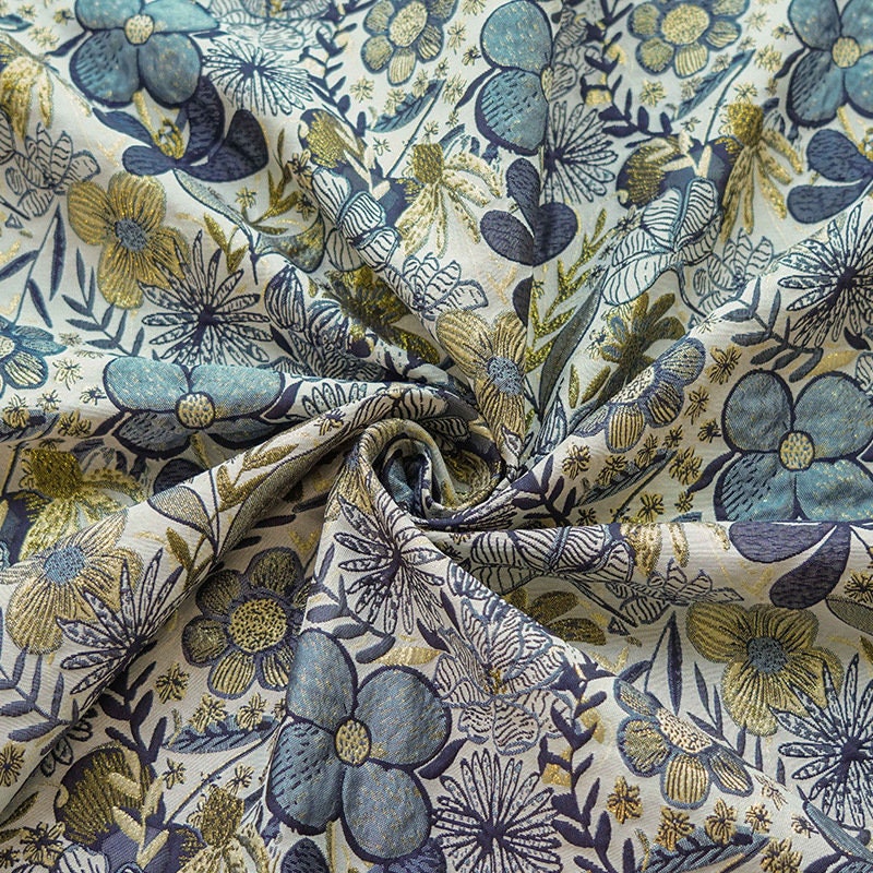 Gold Thread Floral Jacquard Fabric: 3D Oil Painting Texture, 63" Wide