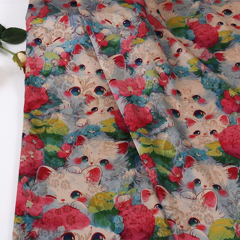 Cartoon Kitten Peony Print on Red Cloud Gauze Fabric ��� Fun & Playful Desi"Wide