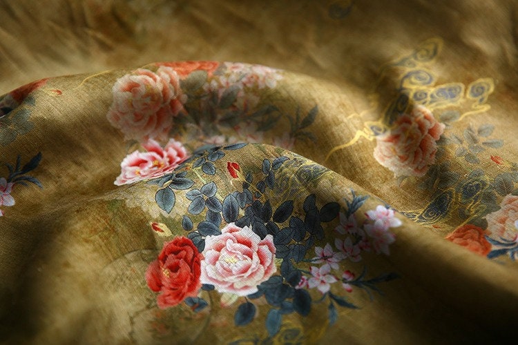 Peony Flower Print Ramie Fabric: Natural Fiber Sewing Material