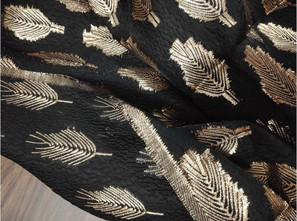 Black Jacquard Fabric: 3D Gold Thread Leaf Design, 59" Wide