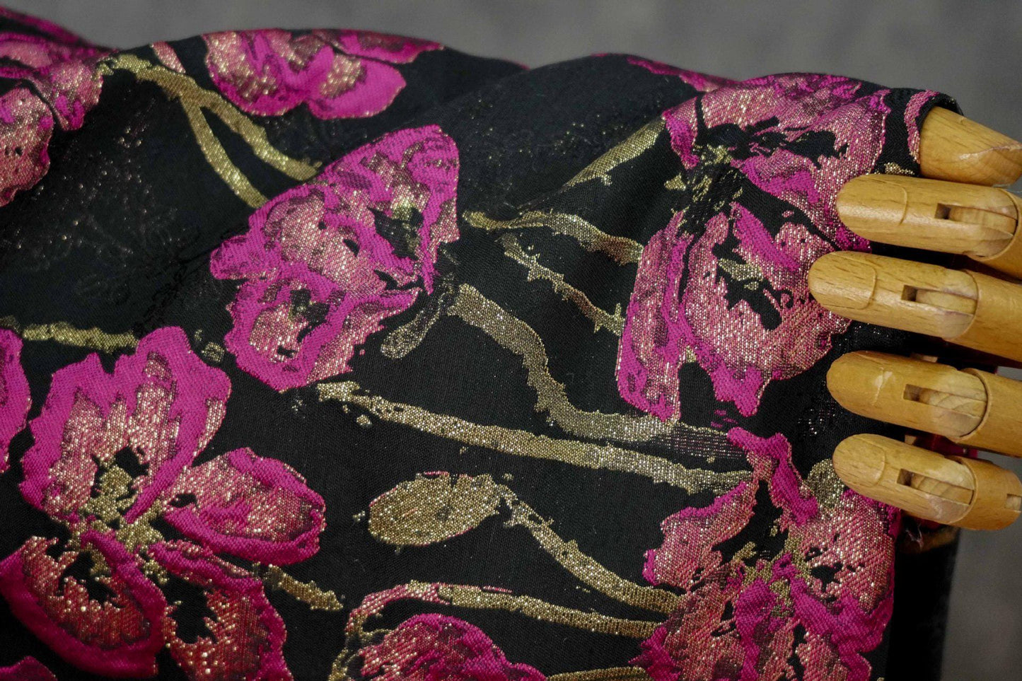 Black Jacquard Brocade Fabric | Pink Floral Gold Thread, 65"W