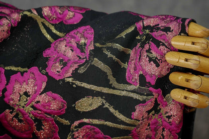 Black Jacquard Brocade Fabric | Pink Floral Gold Thread, 65"W