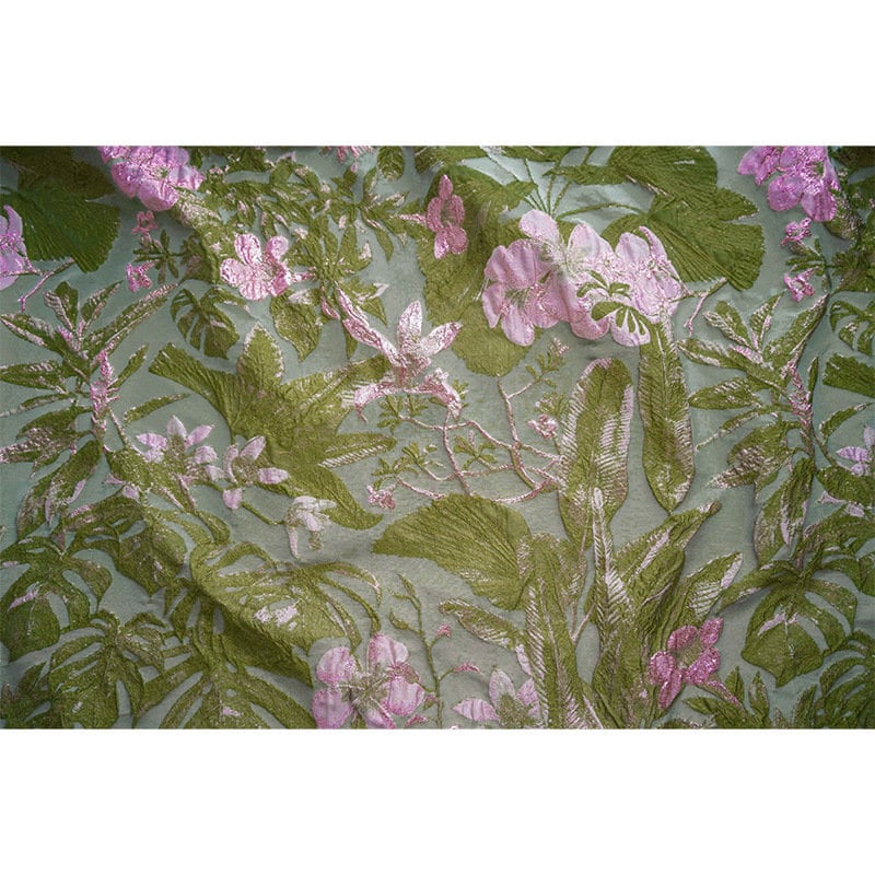 Gold Thread Floral Jacquard Fabric: Pea Green 3D Designer Fabric, 57" Wide