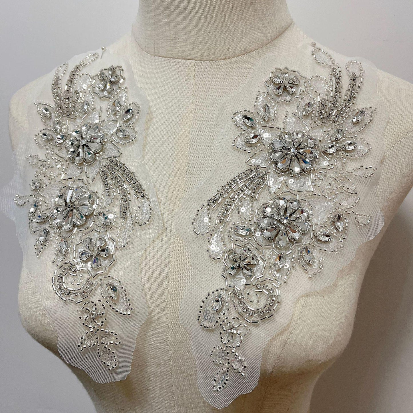 Embroidered Lace Trim: Light Ivory Bridal Applique with Sequins (By Pair)