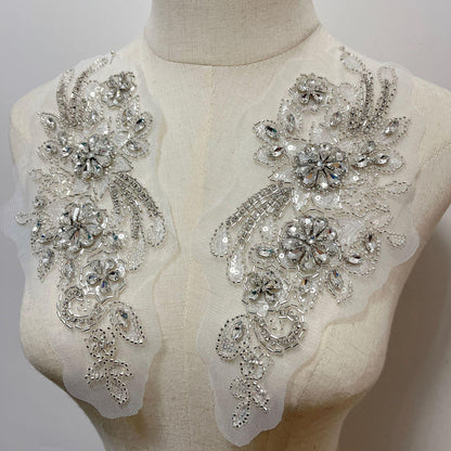 Embroidered Lace Trim: Light Ivory Bridal Applique with Sequins (By Pair)