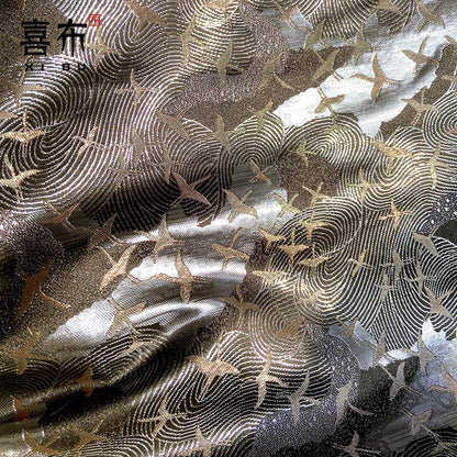 Crane Jacquard Satin Fabric: Silver Grey Retro Brocade, 29.5"W