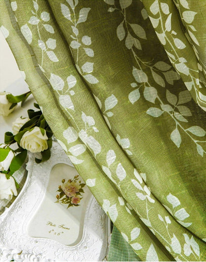 Apple Green Linen Curtain Fabric: Floral Print Veil, 110" H