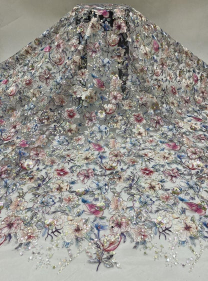 Tissu à sequins brodé de roses : Polyester à motifs floraux colorés