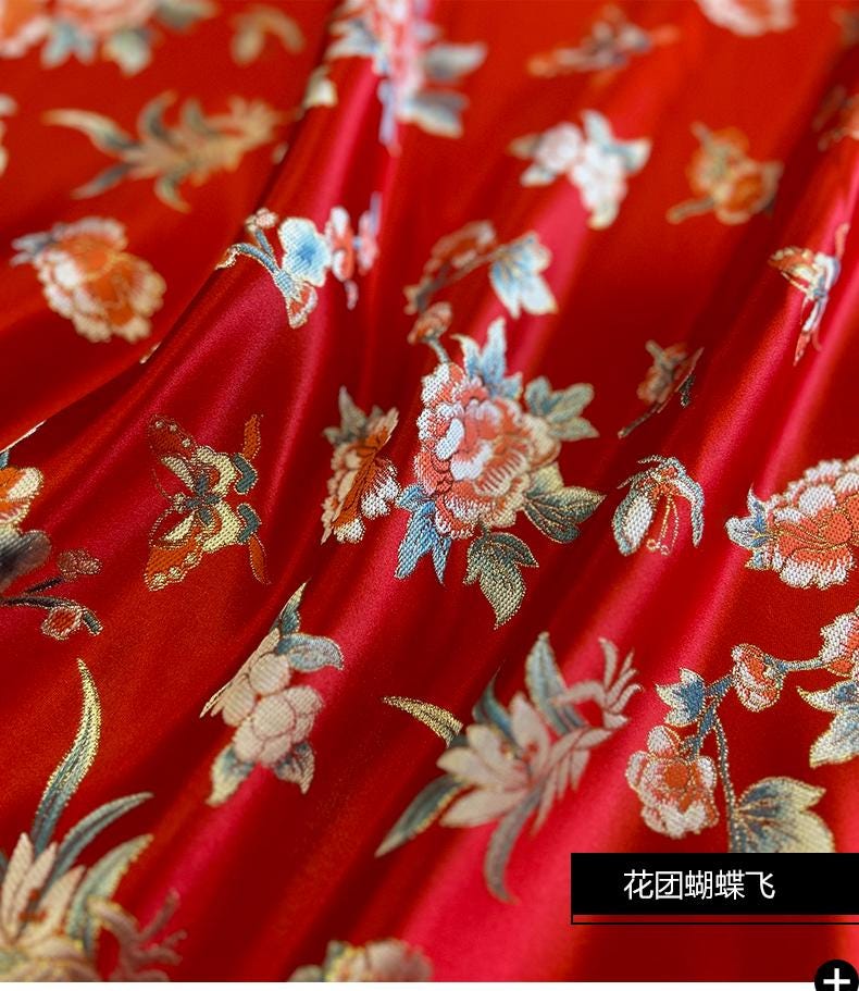 Red Phoenix Brocade Fabric: Floral Jacquard Satin, 58"W
