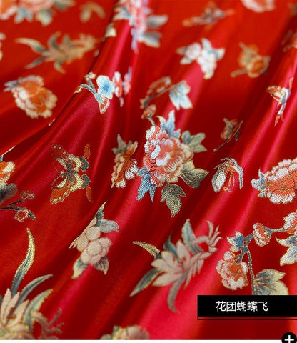 Red Phoenix Brocade Fabric: Floral Jacquard Satin, 58"W